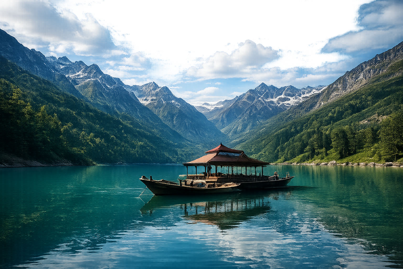 Traditional lake boathouse framed by snow-capped mountains in northern Pakistan