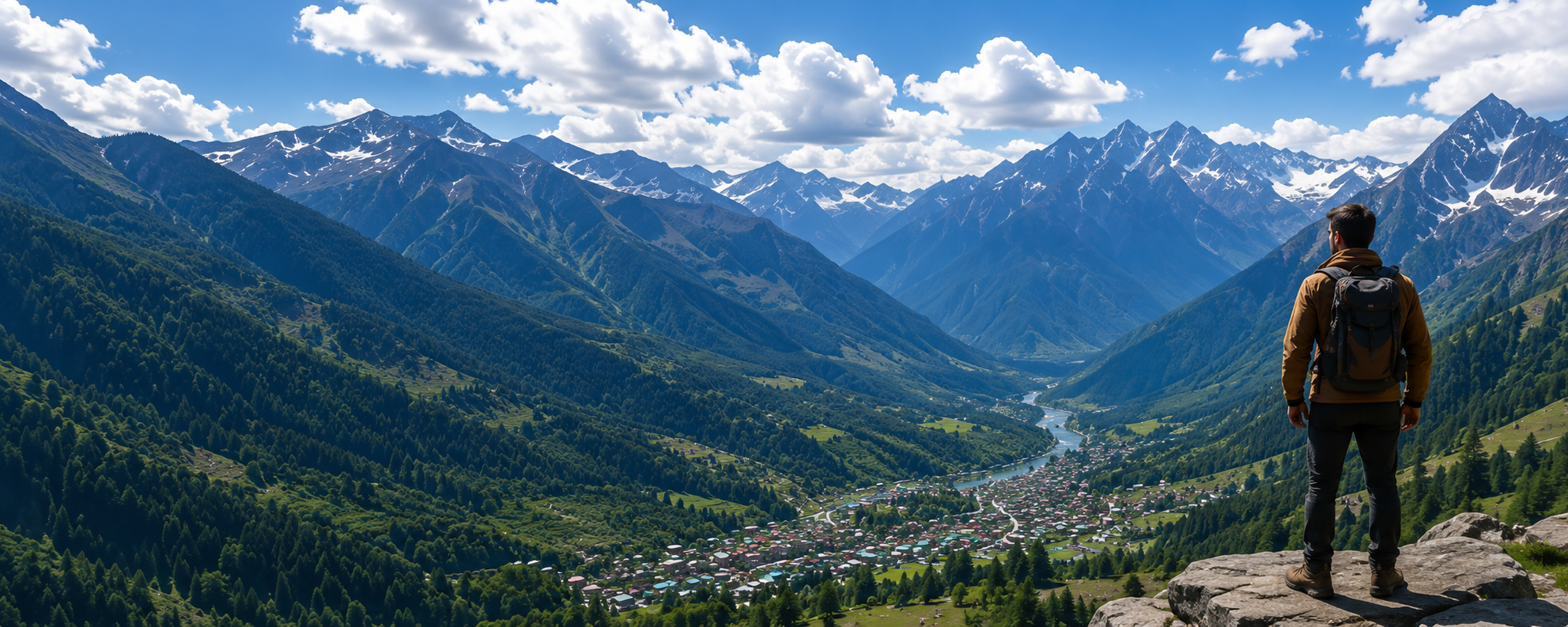 Traveller looking out over a green valley and snow-capped mountains in northern Pakistan