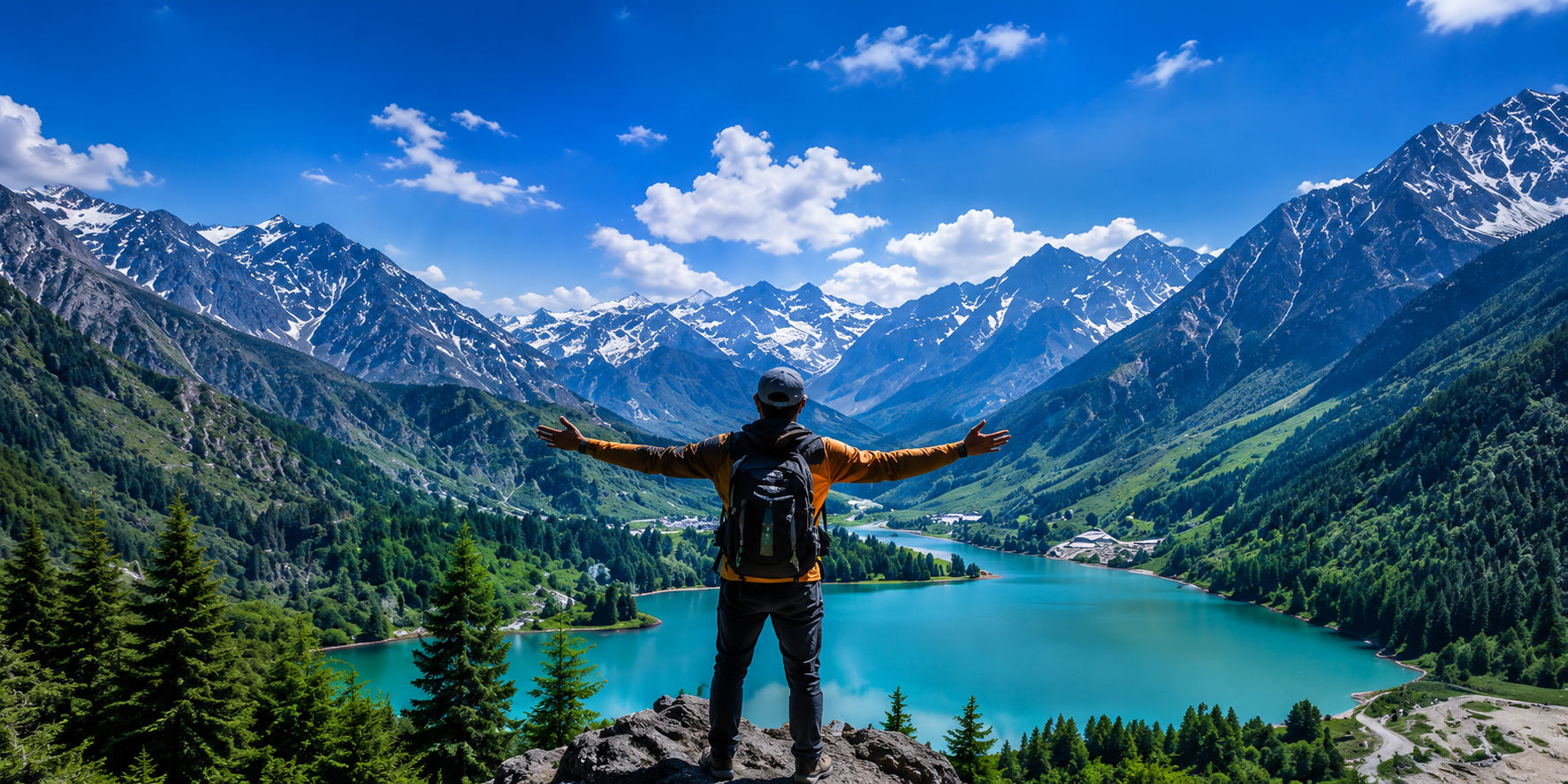 Traveller with open arms above a turquoise lake surrounded by snow-capped mountains in northern Pakistan