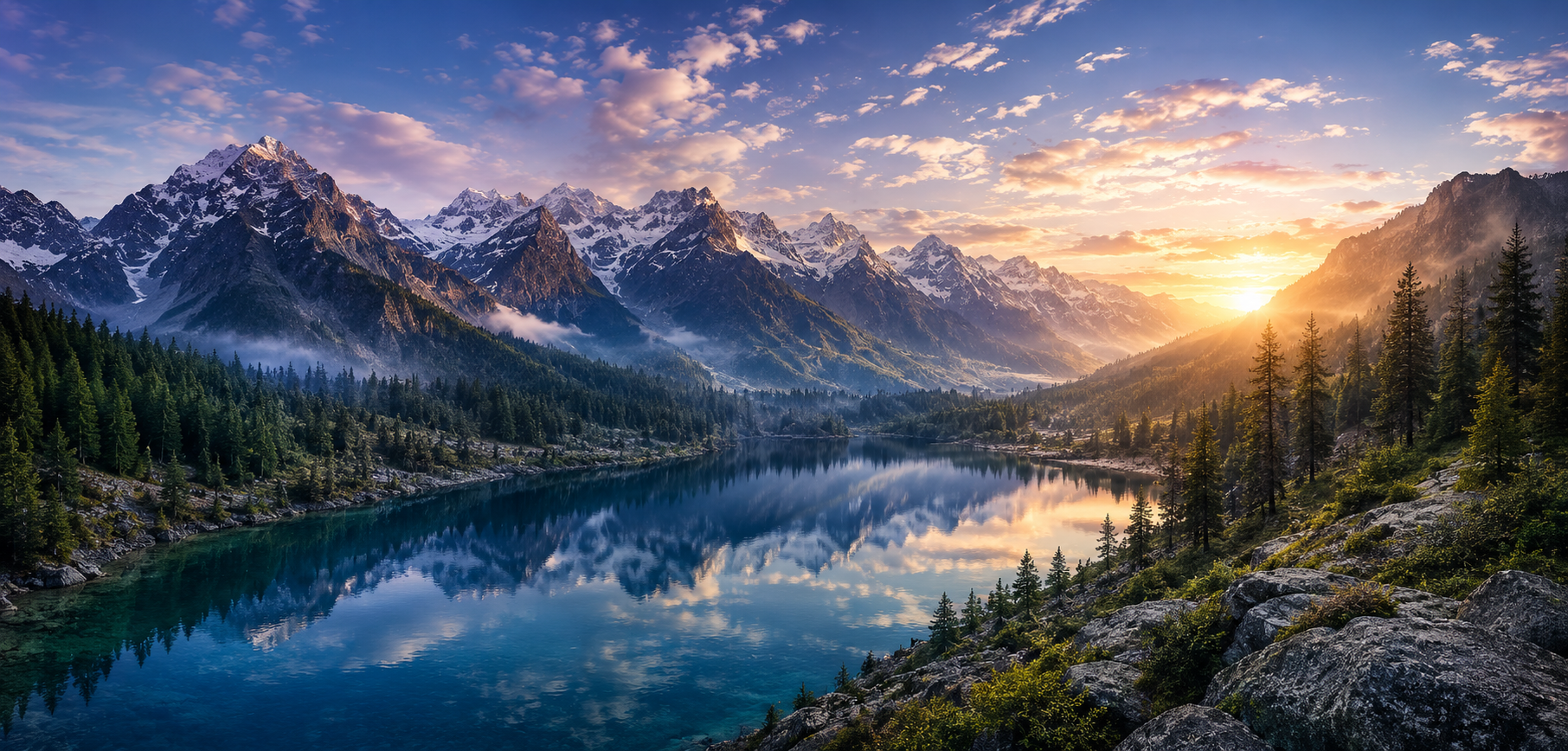 Turquoise alpine lake surrounded by snow-capped mountains and pine forest in northern Pakistan