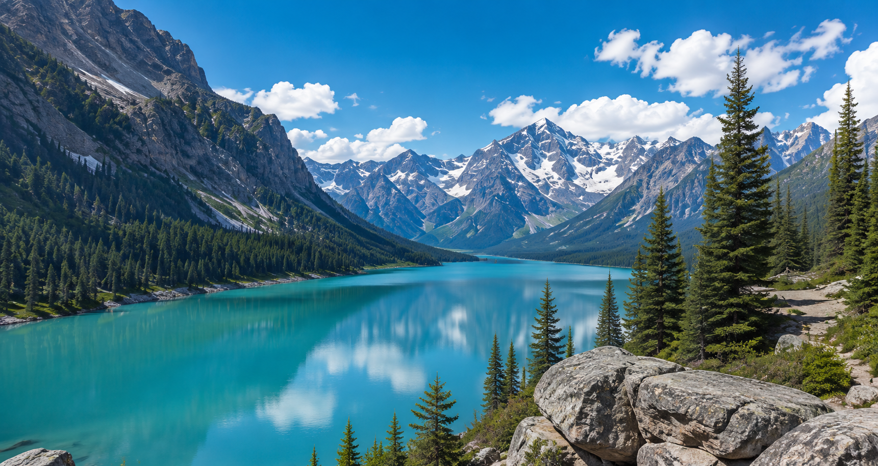 Snow-capped mountains above a turquoise lake in northern Pakistan
