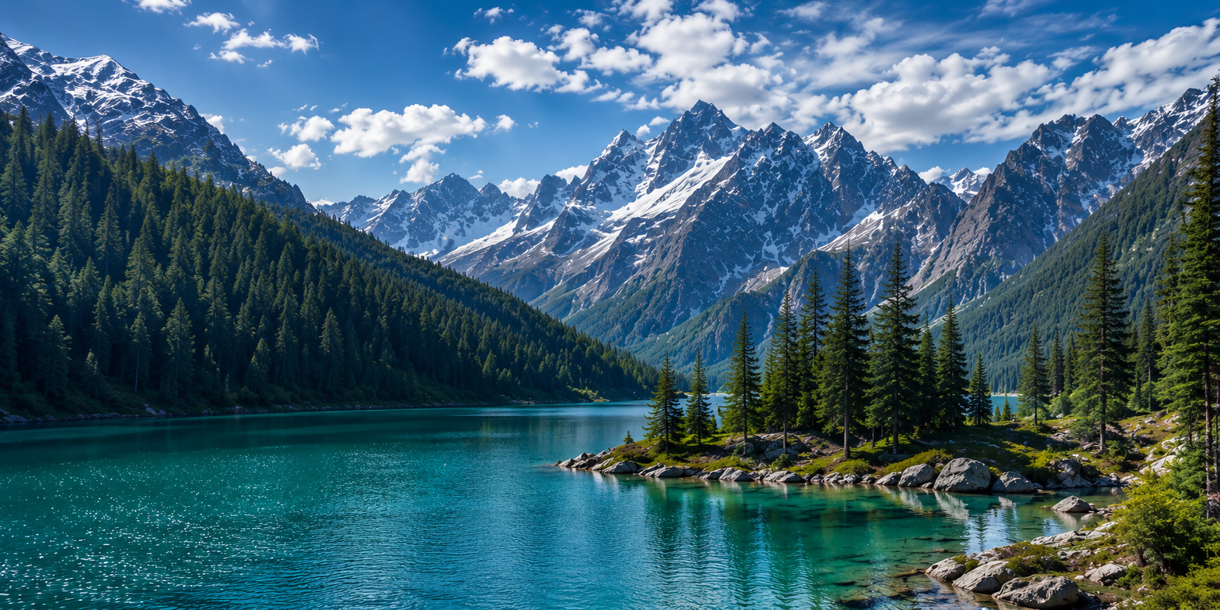 Turquoise alpine lake surrounded by snow-capped mountains and pine forest in northern Pakistan